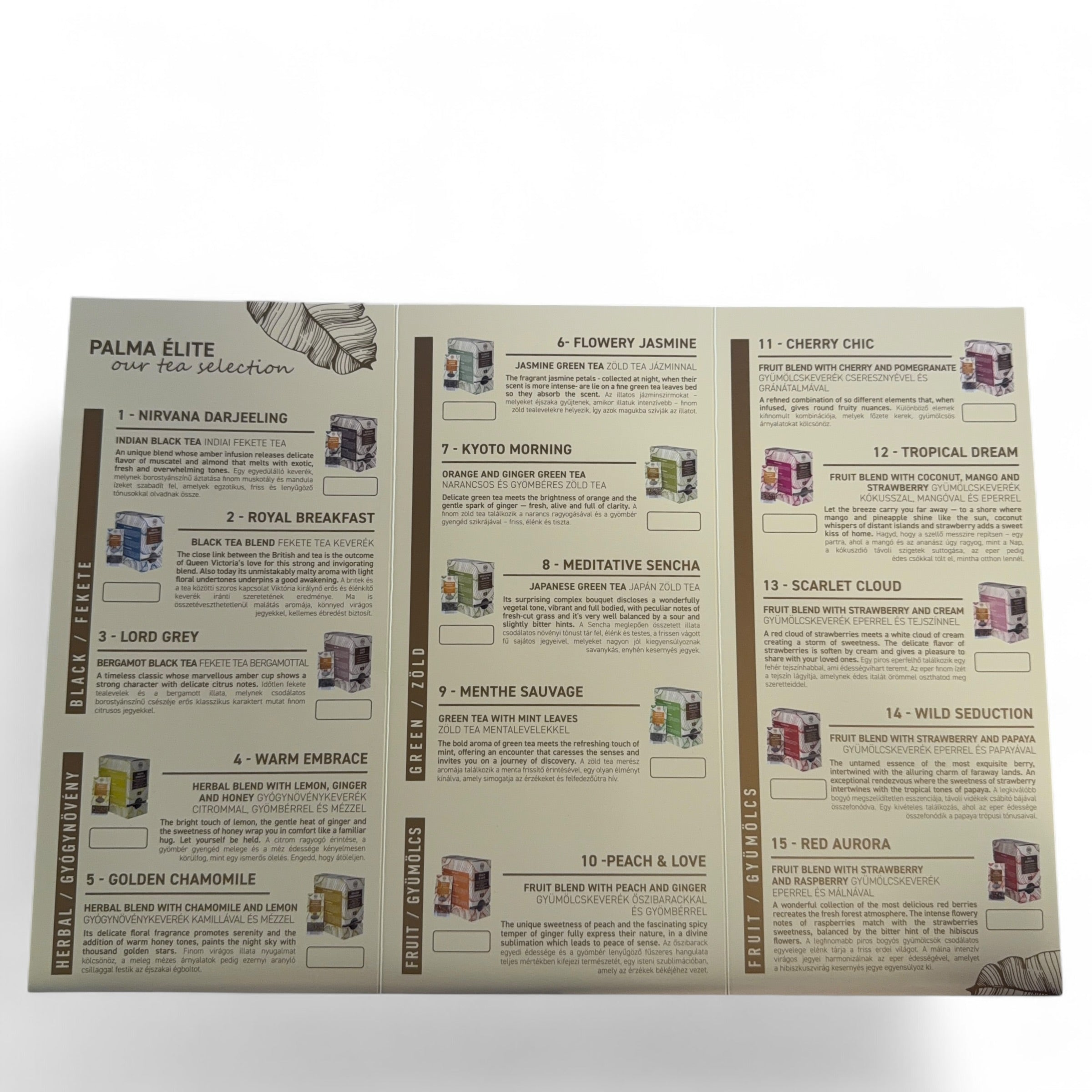 PALMA Élite menu card open showing tea selection